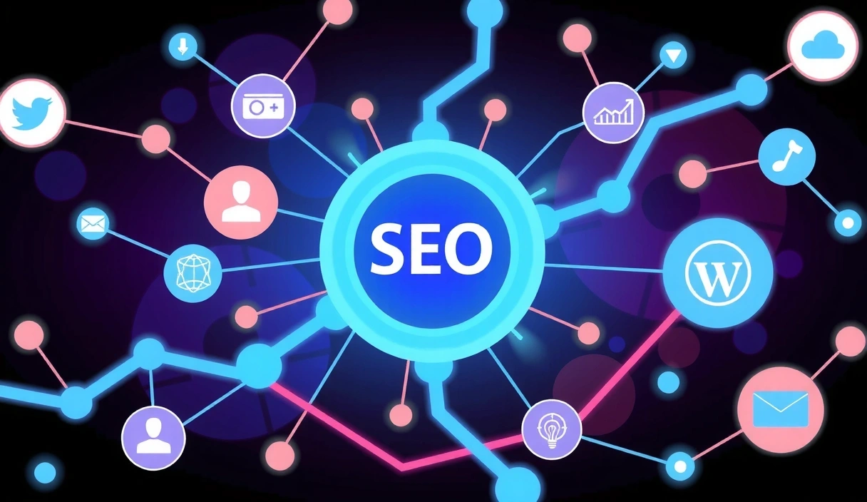 Ilustrace moderního digitálního světa s ikonami webdesignu, SEO a marketingu