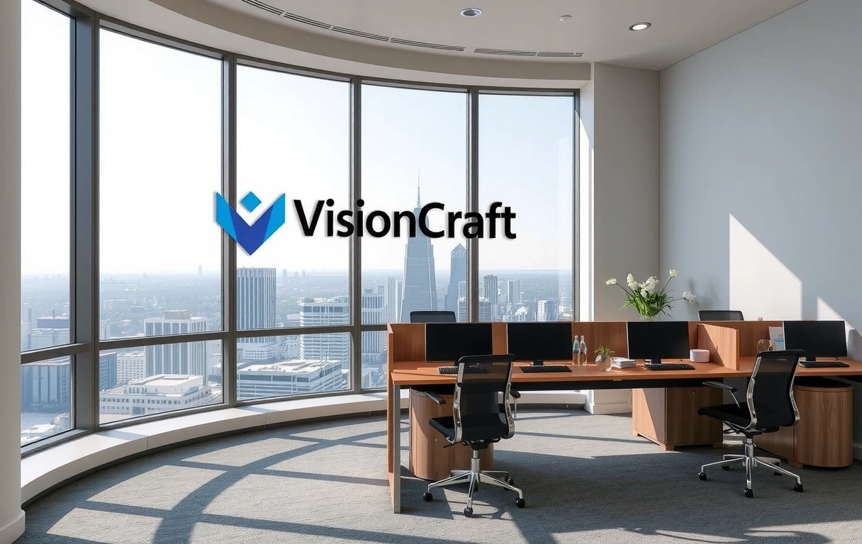 Moderní minimalistická kancelář VisionCraft s logem společnosti a velkými okny s výhledem na město, denní světlo, inspirativní pracovní prostředí.