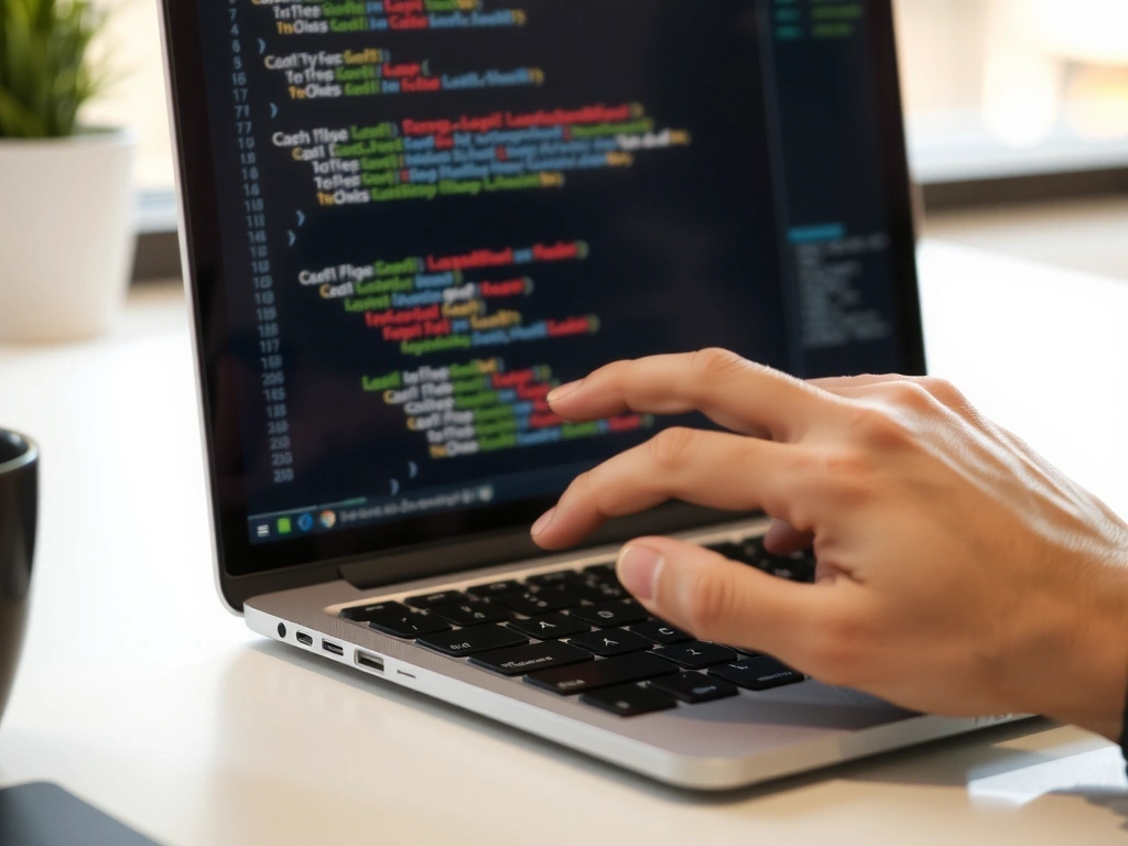 Detailní záběr na ruce programátora píšícího kód na notebooku, s odrazy dat na obrazovce