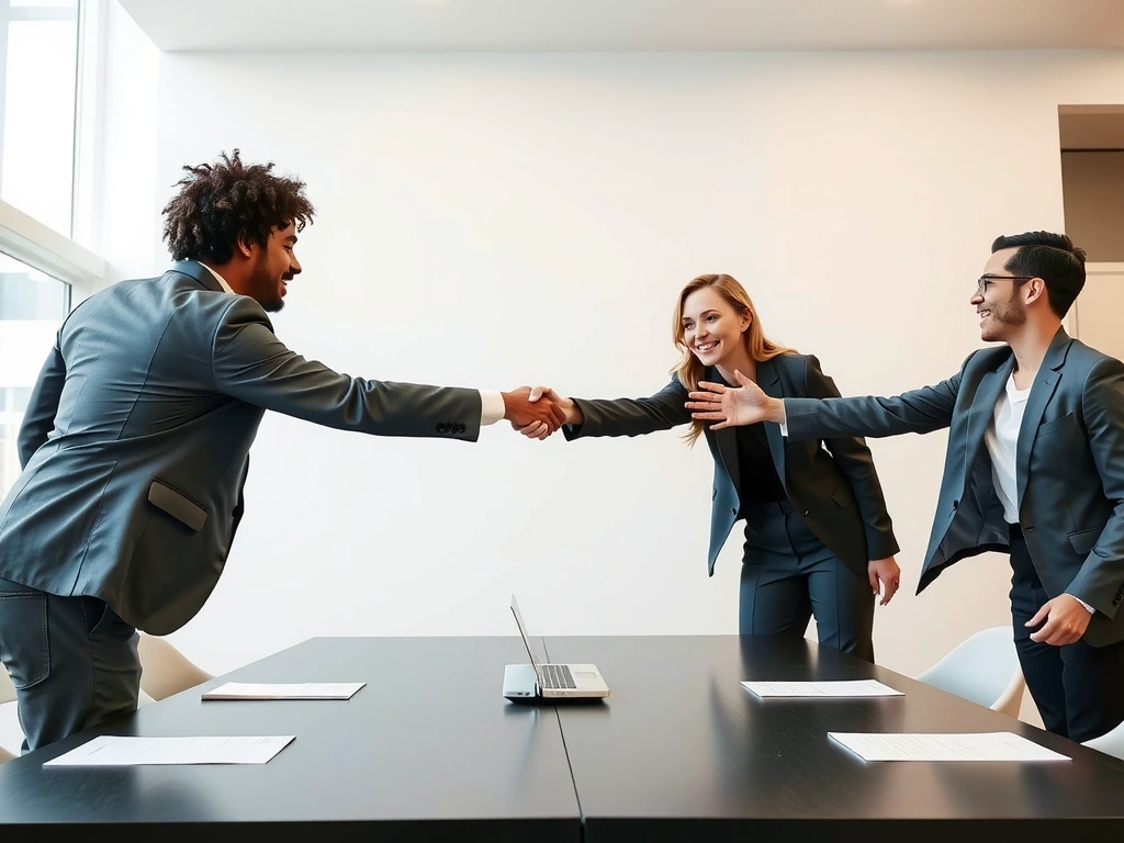 Tři lidé si podávají ruce, symbolizující partnerství a spolupráci
