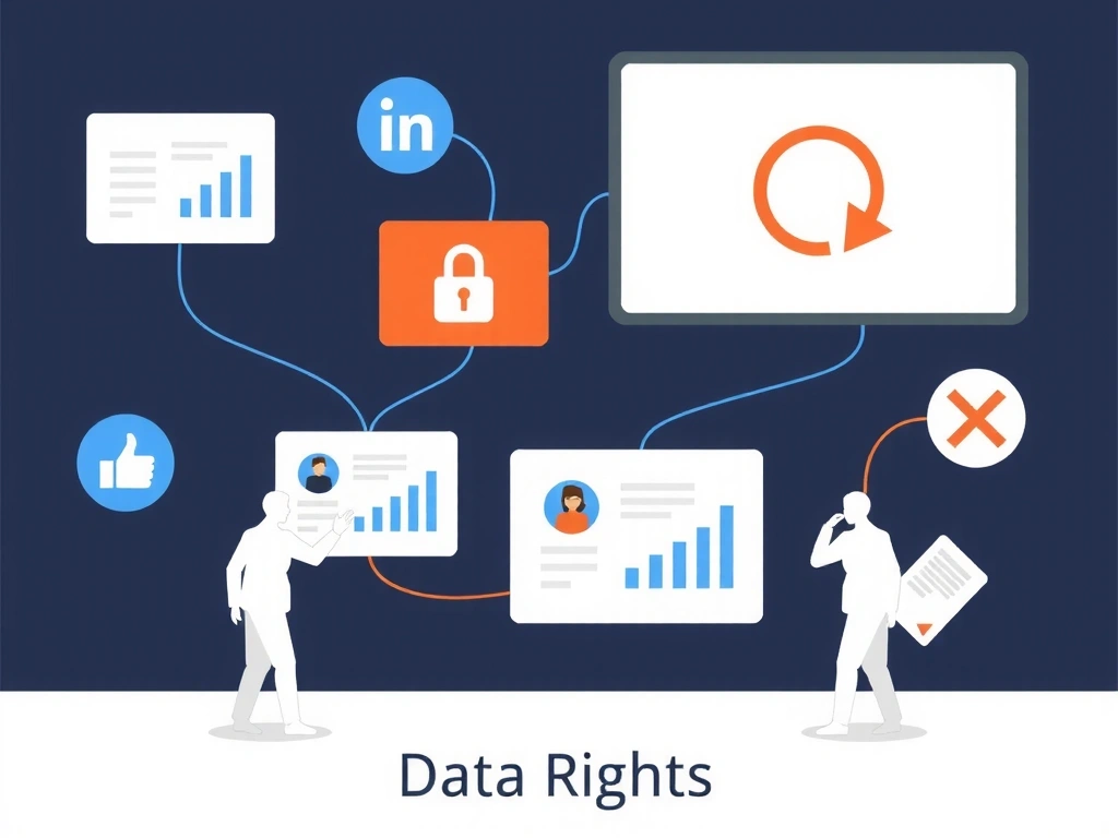 Ilustrace uživatelských práv k datům, s postavami interagujícími s digitálními informacemi a symboly kontroly