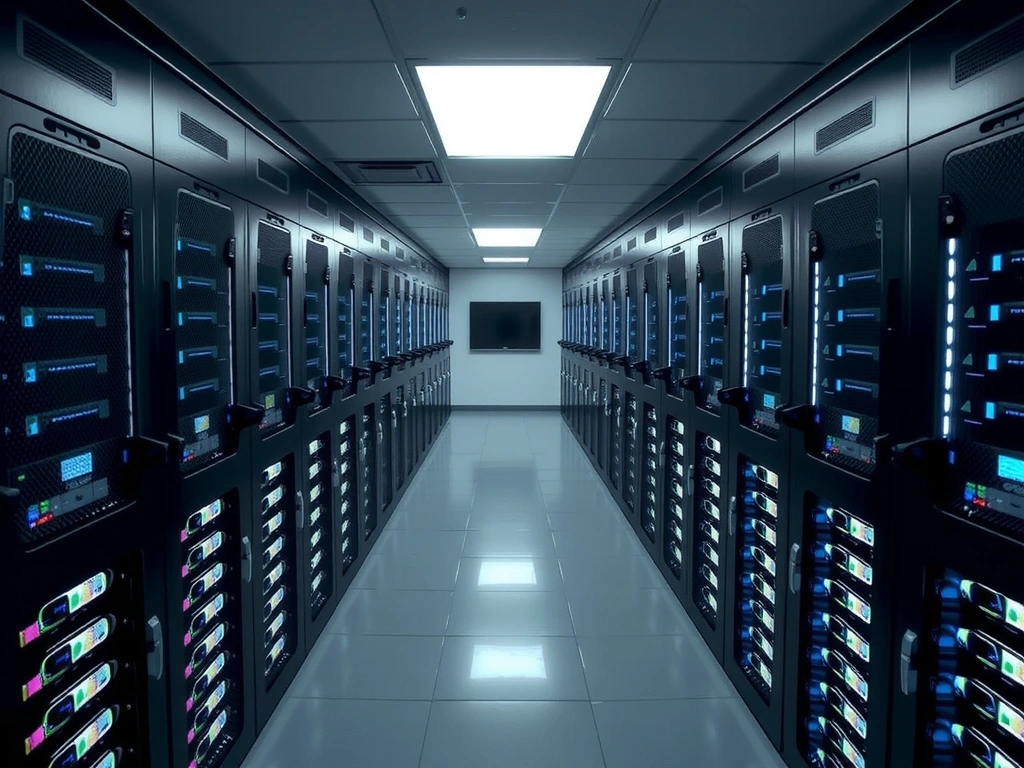 Ilustrace zabezpečeného datového centra s mnoha servery a blikajícími světly