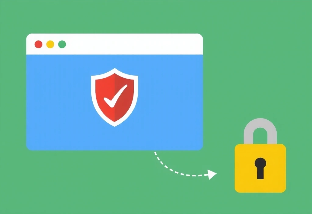 Ilustrace webového prohlížeče s bezpečnostním štítem a zámkem, symbolizující bezpečné používání