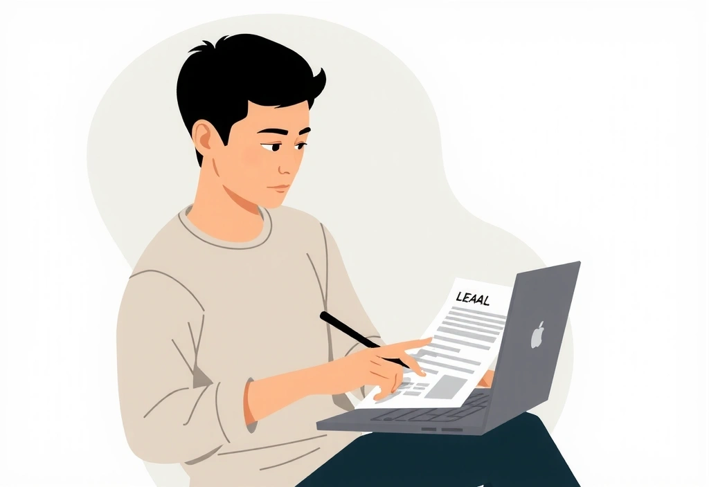 Ilustrace osoby čtoucí dokumenty na notebooku s abstraktním digitálním pozadím